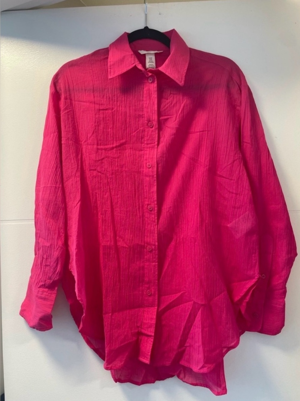 🩵H&M Hot Pink Crinkle Button-Up Blouse | Oversized Lightweight Shirt XS